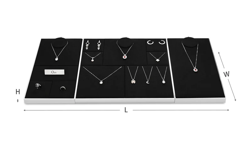 Oirlv Schwarzes Schmuck-Display-Set aus Mikrofaser für Halsketten, Ringe und Ohrringe, Kombinierbare Metall-Schmuck-Display-Tabletts für Geschäfte – Detail 8