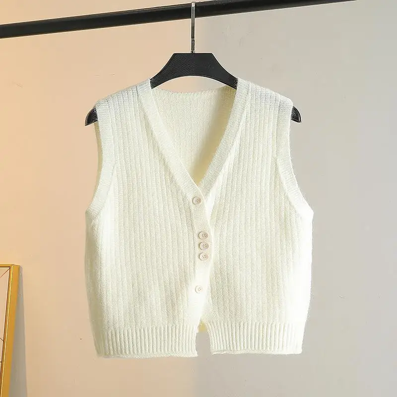 Hem Slit Design Buttoned Vest Knitted V-neck Vest Spring and Autumn Layered Cardigan Over-the-shoulder Sweater