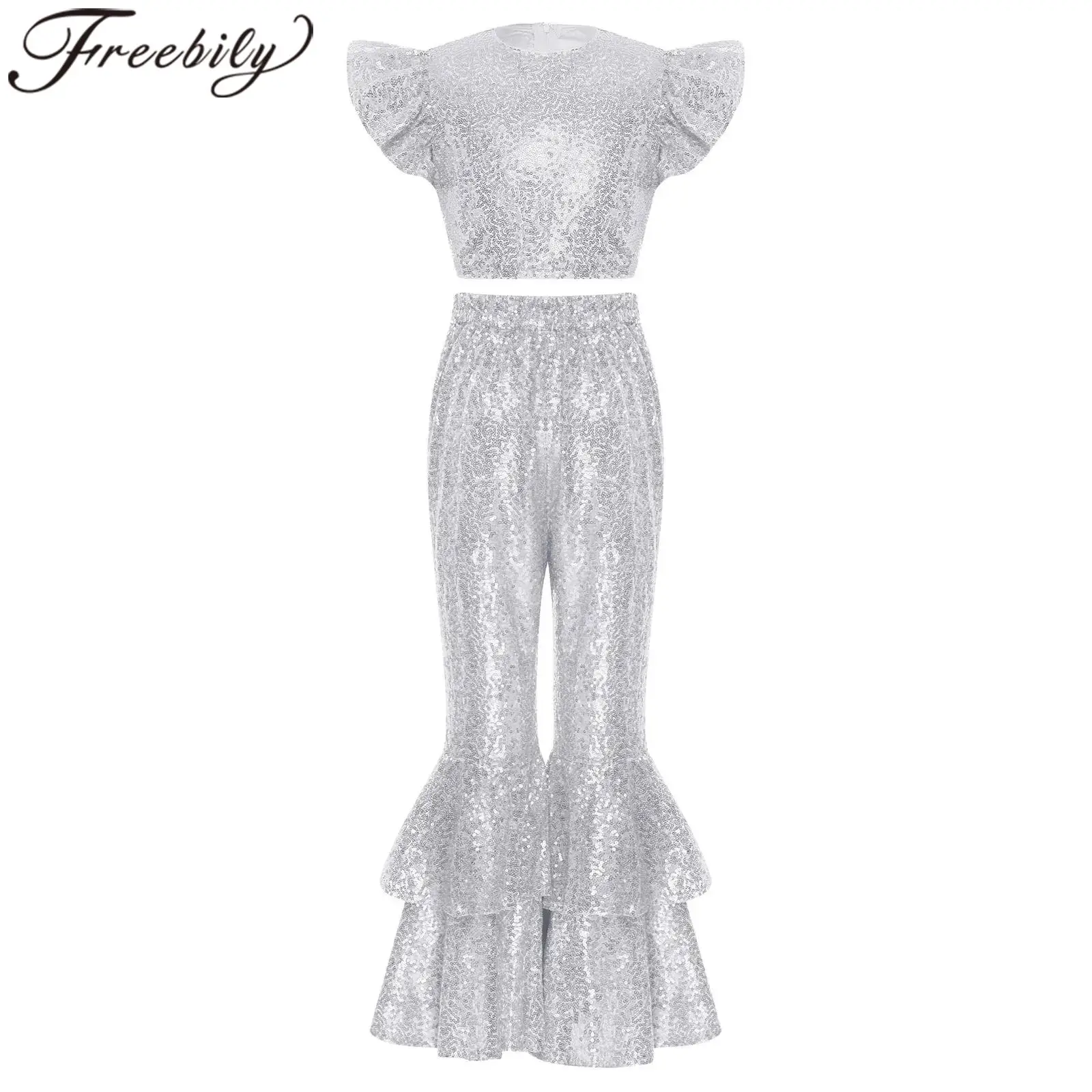 

Girls Sequin Dancewear Sets Party Clothes Fashion Streetwear 60s Disco Jazz Dance Performance Costume New Year Christmas Outfit