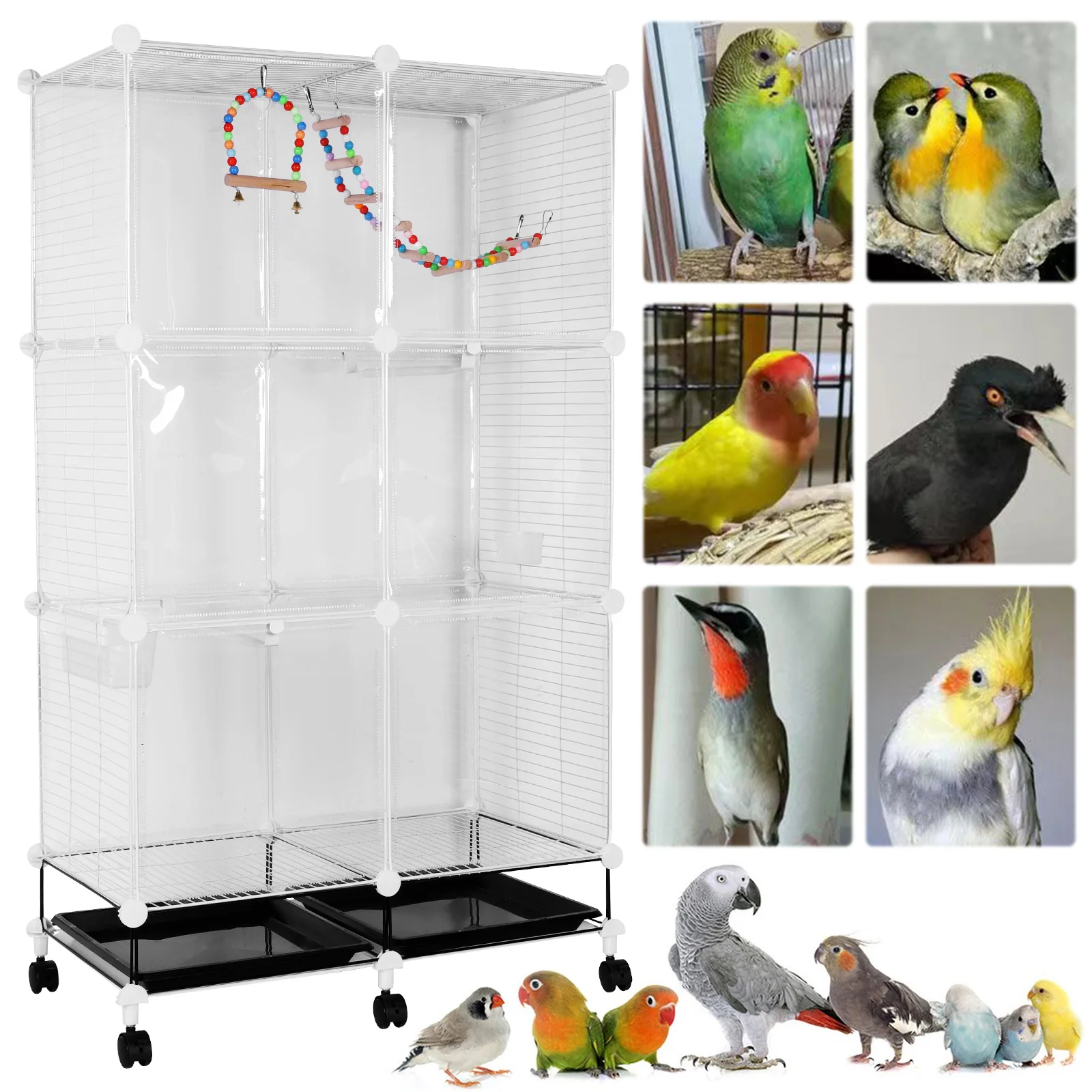 Oversized Bird Cage with Rolling Stand Swing Ladder Anti-Clogging Feet Splash-Proof Luxury Villa for Parrot Cockatiel Myna Finch