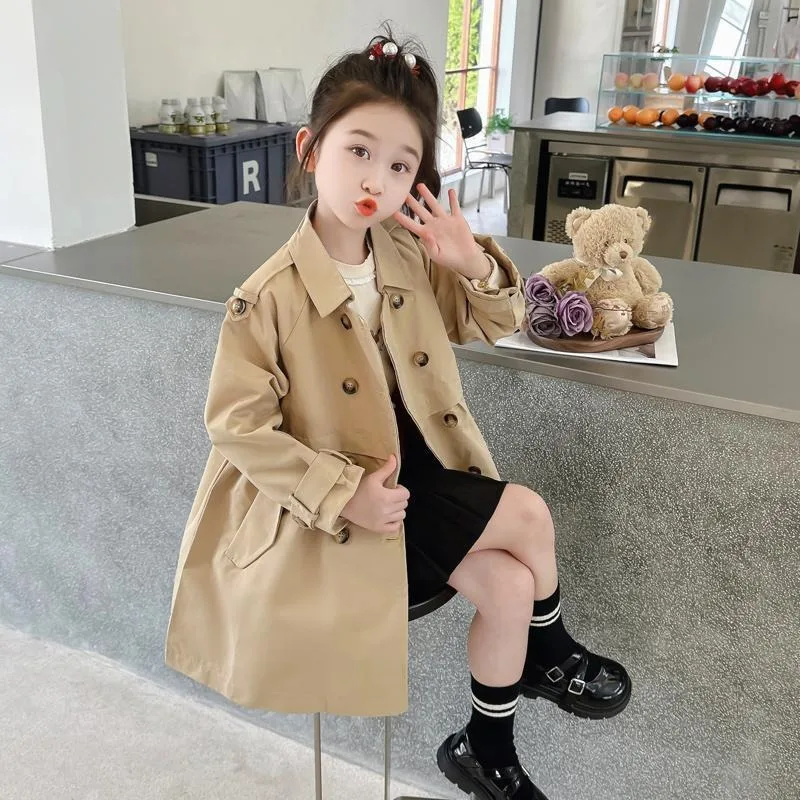 

2025 New Autumn Kids British Style Mid Length Trench Coat Cotton Lightweight