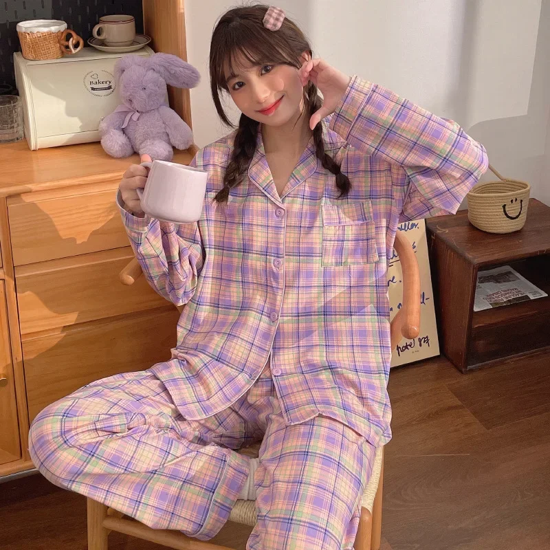 Neues 2-teiliges Set Damen Frühling Herbst Casual Pyjamas Mädchen Kragen-Langarmshirt Lange Hose Herz-Print Loungewear Damen Mode Schlafanzug