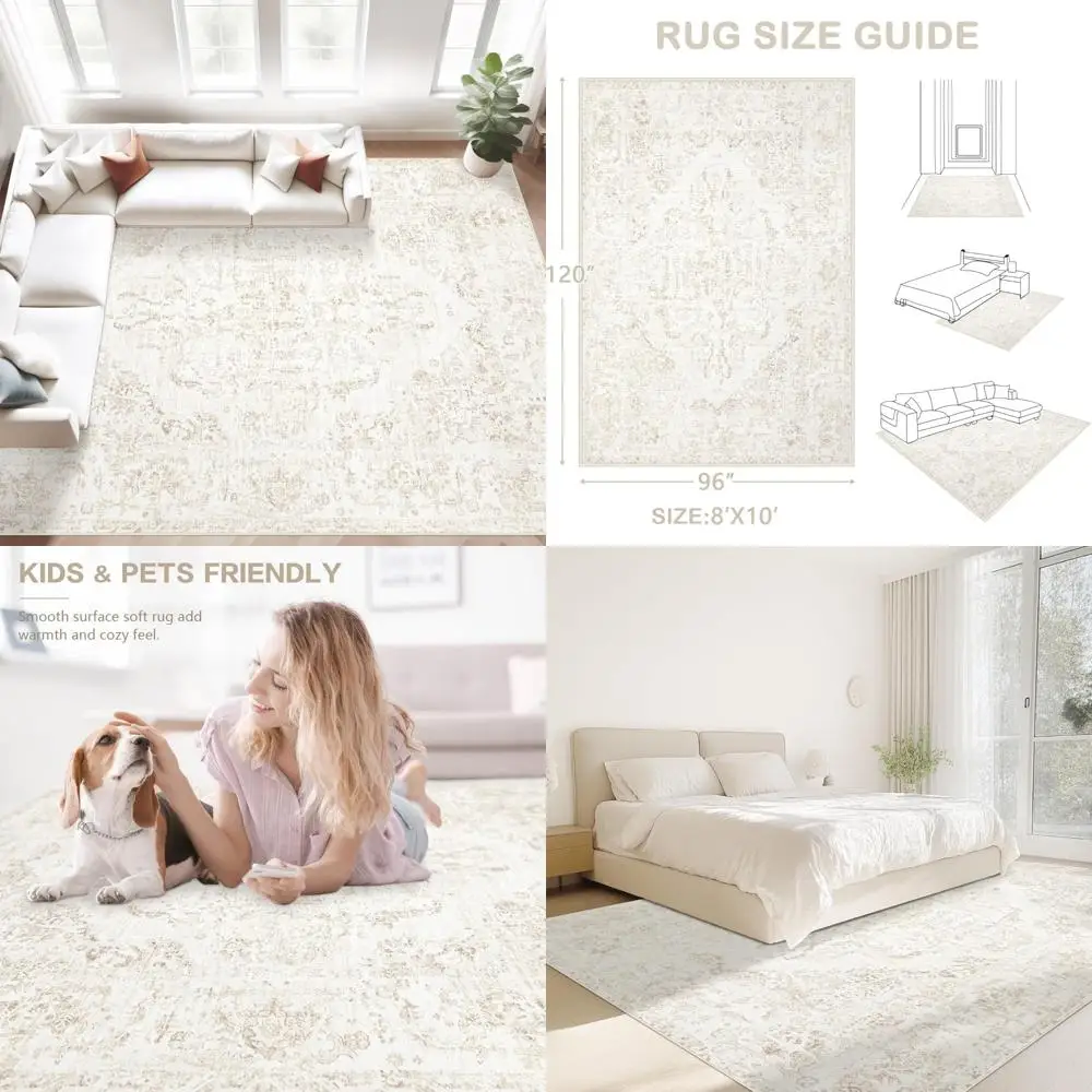 

Washable Vintage Large Floral Rugs for Living Room - Soft, Non-Slip, Low Pile Distressed Carpets