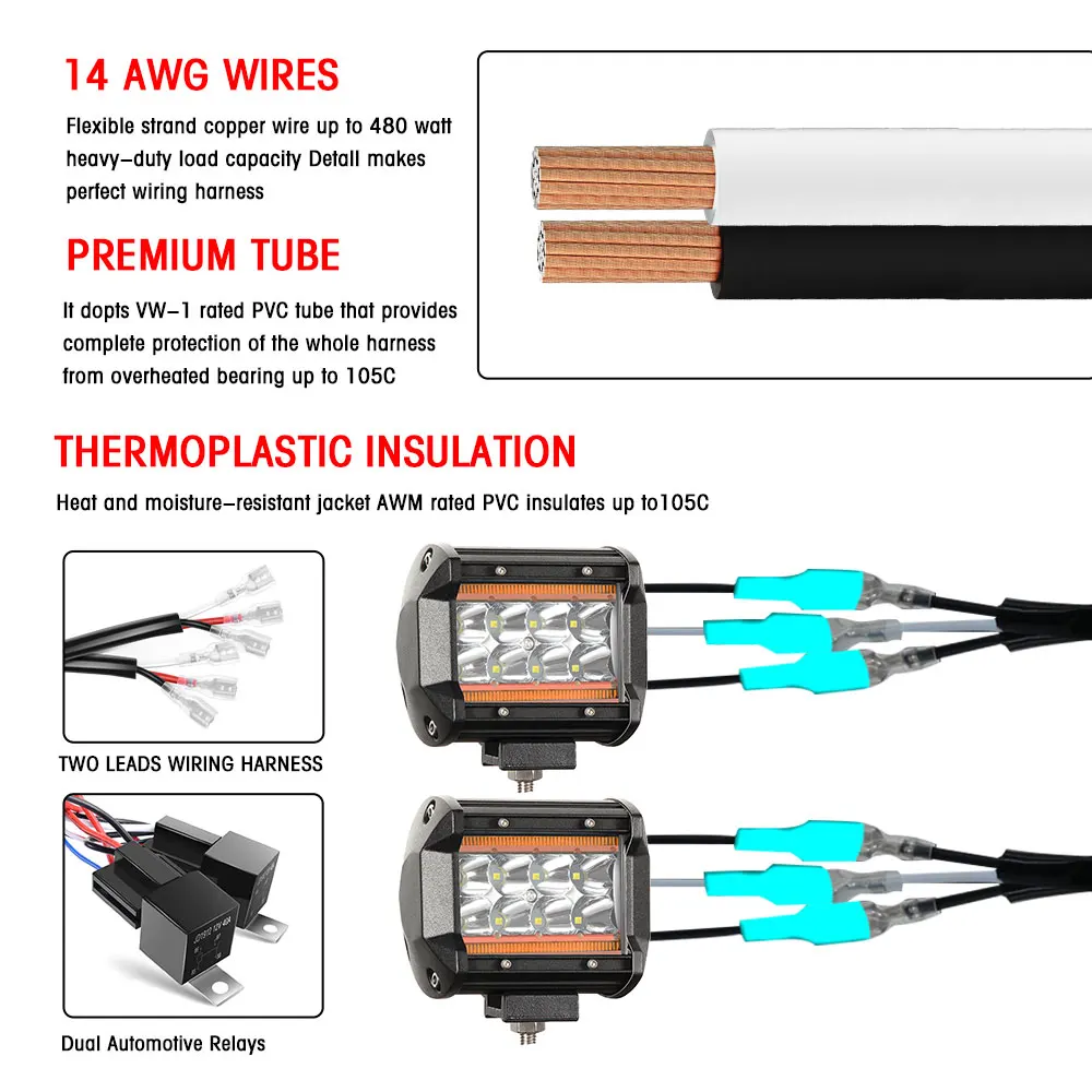 Firedrake-Kit de arnés de cableado para coche, interruptor interior, luz de trabajo, relé de luz de movimiento, 480W, 12V, 3m