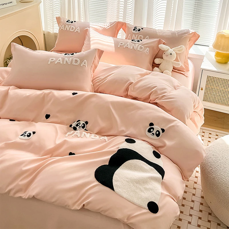 Korean Panda Towel Embroidery Bed Sets Cartoon Skin-Friendly Sheets Bedding Set for Bedroom Comfort Double Home Textile for Bed