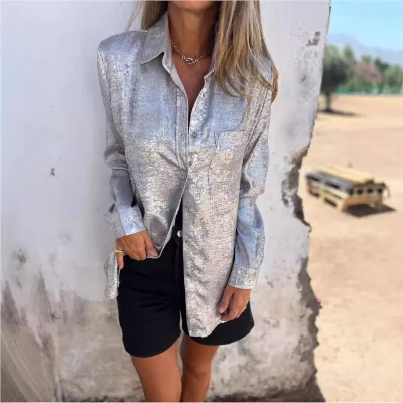 

Women Shinny Golden Lapel Long Sleeved Fashion Blouse Vintage Solid Loose Shirt 2025 Spring Summer Casual Streetwear Top Shirts