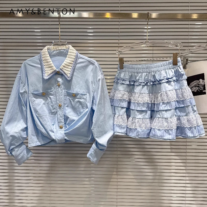 

2026 Spring New Women's Short Skirt Set Korean Design Fashionable Sweet Lapel Long-sleeved Shirts Cake Skirt 2-piece Sets Ladies