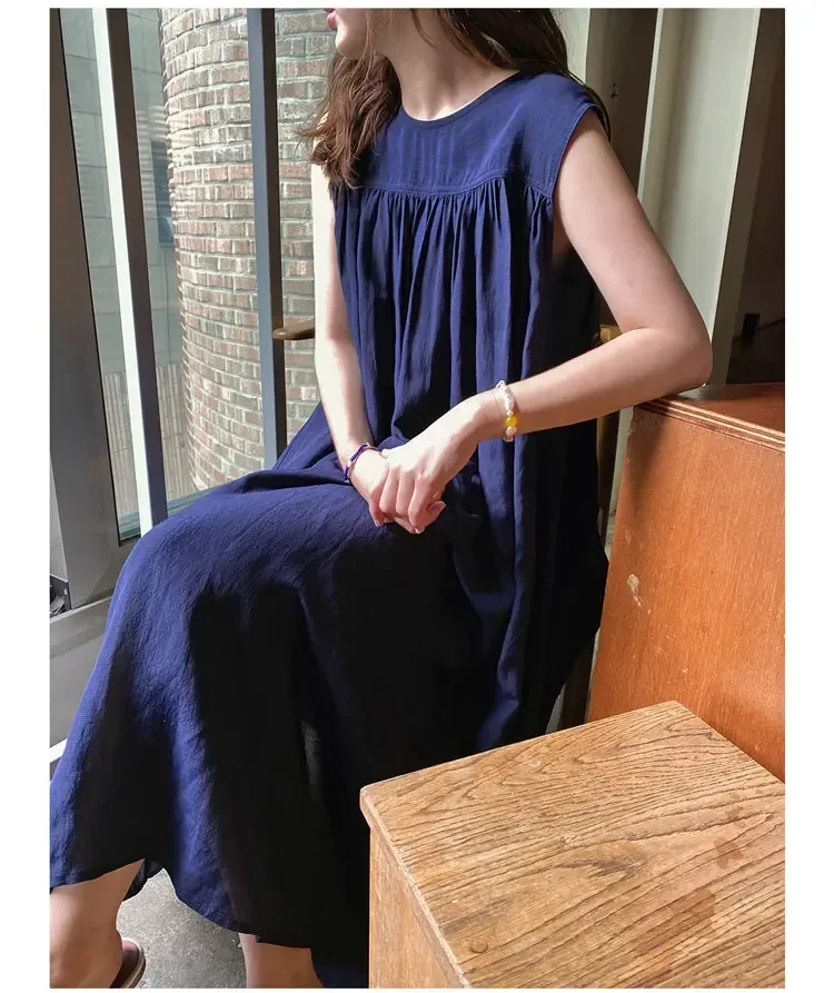 REALEFT Cotton and Linen Sleeveless Dress for Women Summer Mid Length Casual Loose Solid Round Neck Women Dresses Summer