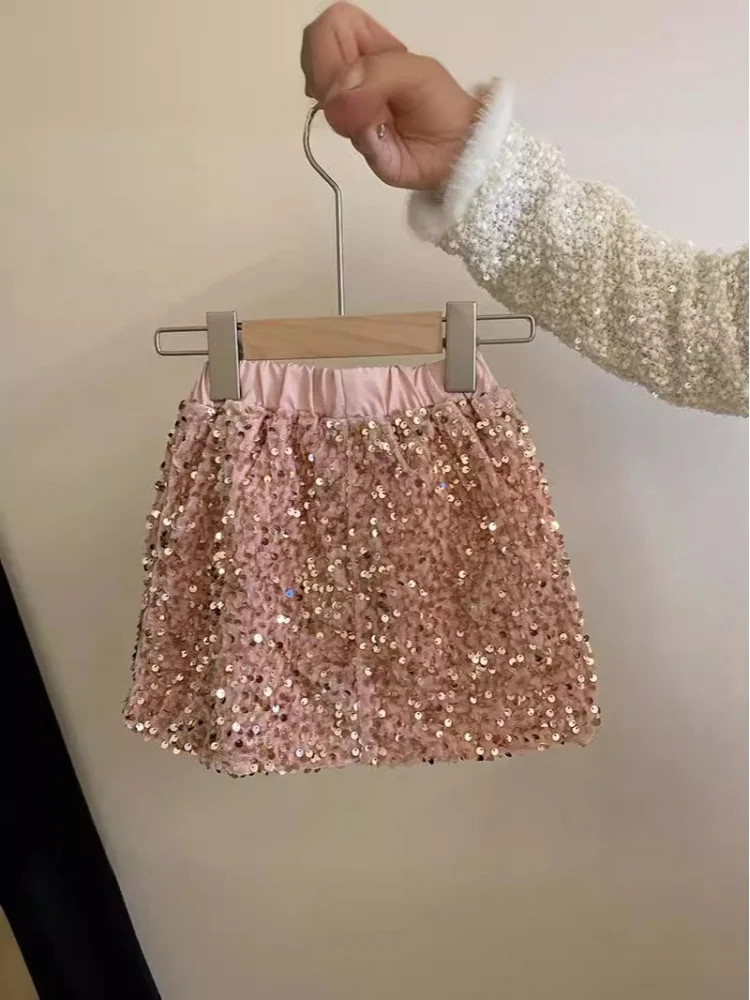 Girls' Korean-Style Spring and Autumn New Sequined Cuff Beaded Jacket Pink Skirt Two-Piece Set