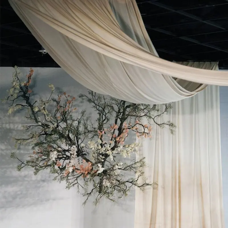 High-Grade Milk Tea Draping Fabric for Wedding Champagne White Wrinkle Translucent Voile Ceiling Purdah with Drape Fabric