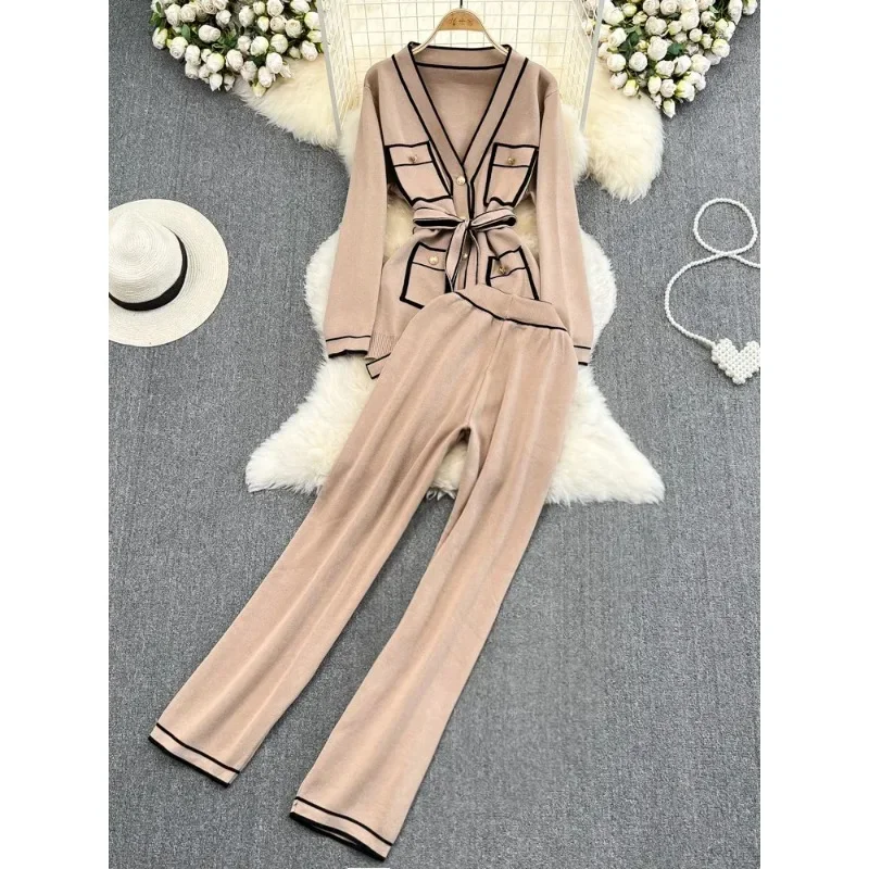 Fashion Women\'s Suits Autumn Long-Sleeve Lace-Up Waist V-Neck Knitted Cardigan Coat+ Wide-Leg Pants Knit Two Piec Set N242