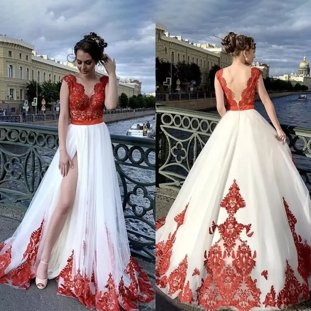 LZPOVE Custom Made Red And White Vintage Lace Wedding Dress A-Line Bridal Gown Princess Tulle Luxury Front Slit Bride Dress