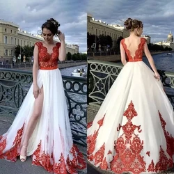 LZPOVE-vestido de Novia de encaje Vintage rojo y blanco, traje de novia de línea a, tul de princesa, abertura frontal de lujo