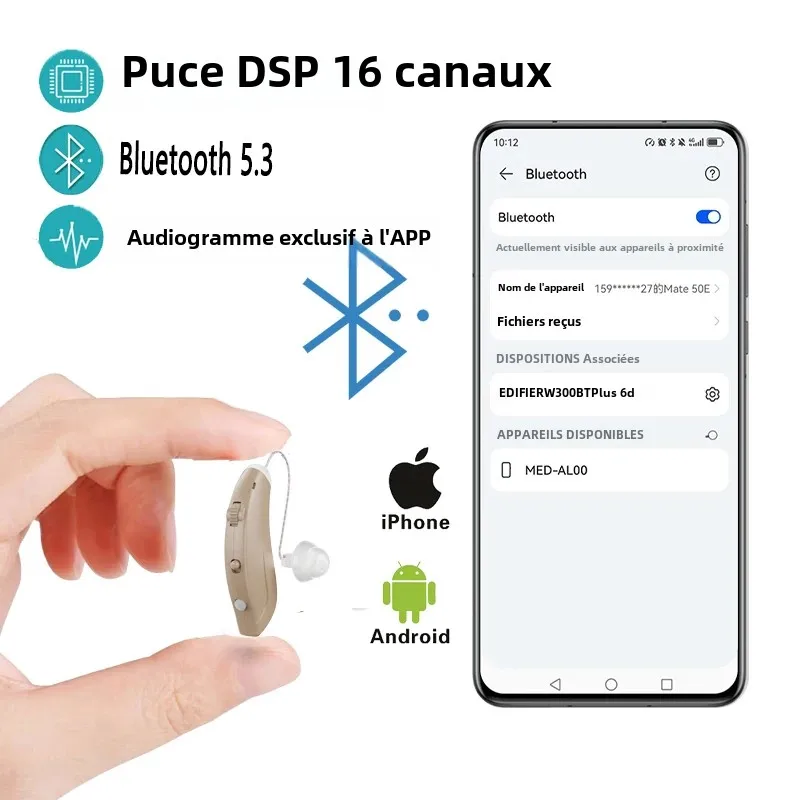 Appareil auditif Bluetooth unisexe, télécommande sans fil, écouteurs invisibles pour personnes âgées souffrant de perte auditive légère à sévère