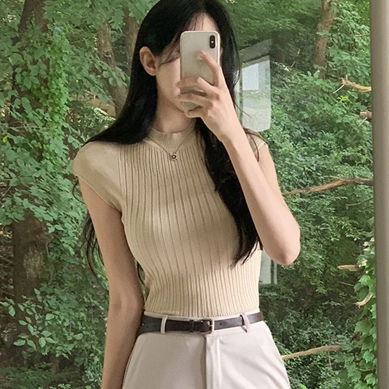 

Korean Fashion Solid Color Slim Sexy Hot Girl Temperament Short Sleeve Knitted Top For Women Tshirt Tees Fashion I61Y