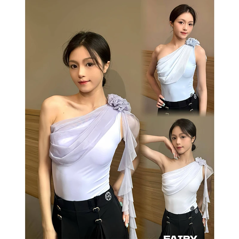 

Топы для бальных танцев, летние безрукавные купальники на одно плечо, одежда для выступлений по латинским танцам, вальсу, танго, тренировочная одежда для взрослых