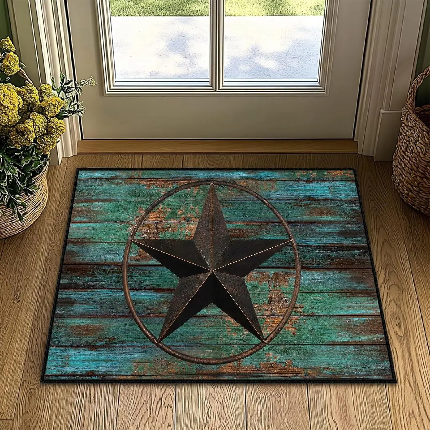 Vintage Entryway Rug Western Rugs Washable Kitchen Rug,Barn Texas Star on Old Wooden Plank,Non-Slip Low Pile Indoor Door Mat