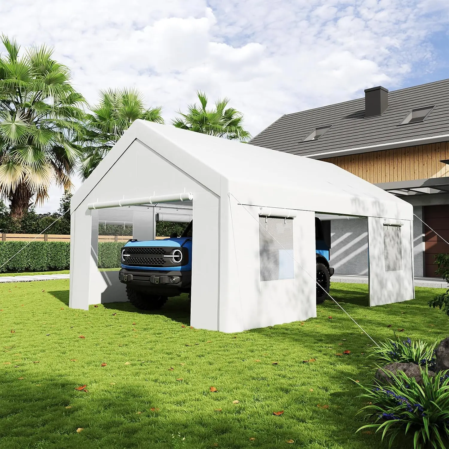 13x20 FT Heavy Duty Carport Roll-up Doors Mesh Windows Galvanized Steel Waterproof Portable Garage Vehicle Storage, Customized
