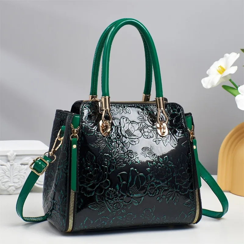 Women's Luxury Handbag Tote Bag with Flower Engrave Pattern Surface Women Bag Outgoing Shopping Shoulder Bag Bright Handbag