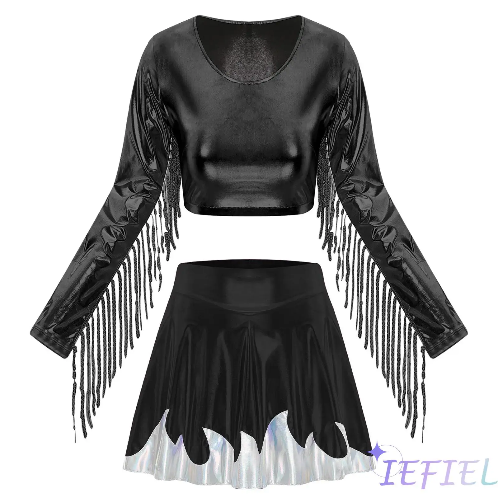 

Womens Jazz Dance Costume Figure Skating Metallc Shiny Tassel Crop Tops Contrast Color Pleated Mini Skirt for Raves Party Dance