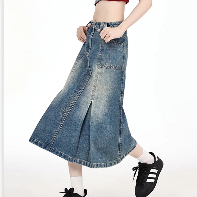 

Retro Jeans Skirts for Women Denim High Waist A-Line Pleated Midi Denim Skirts 2024 New