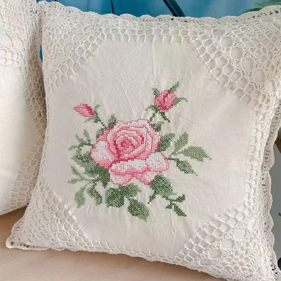 Boho Embroidered Crochet Pillow Covers Decorative Retro Handmade Woven Cotton Pillow Case Beige Square Cushion Cover Home Decor