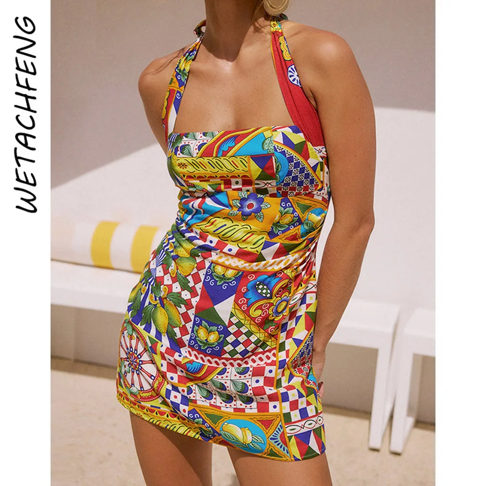 ผู้หญิงElegantเซ็กซี่ดอกไม้พิมพ์Halter Tie-Up Bodyconฤดูร้อนสั้นชุดปาร์ตี้ชายหาดStreetwearหญิงชุดมินิเสื้อผ้า 2025