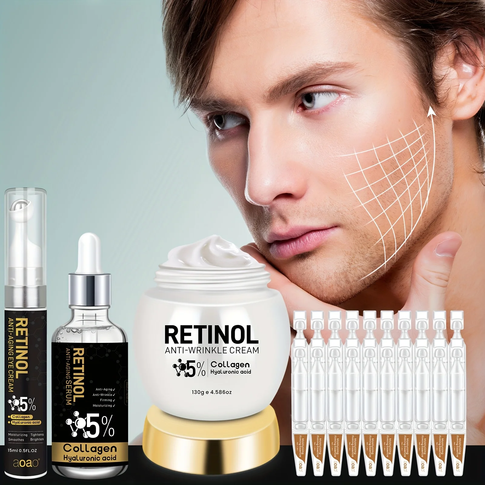 23pc Men's Retinol Deep Hydration Anti-Wrinkle Gift Set, Suitable For Dry And Rough Skin. Light Beige Facial Emulsion With A Creamy Texture, Perfect As A Christmas Gift Anti-wrinkle Skincare Make Skin Younger Looking.