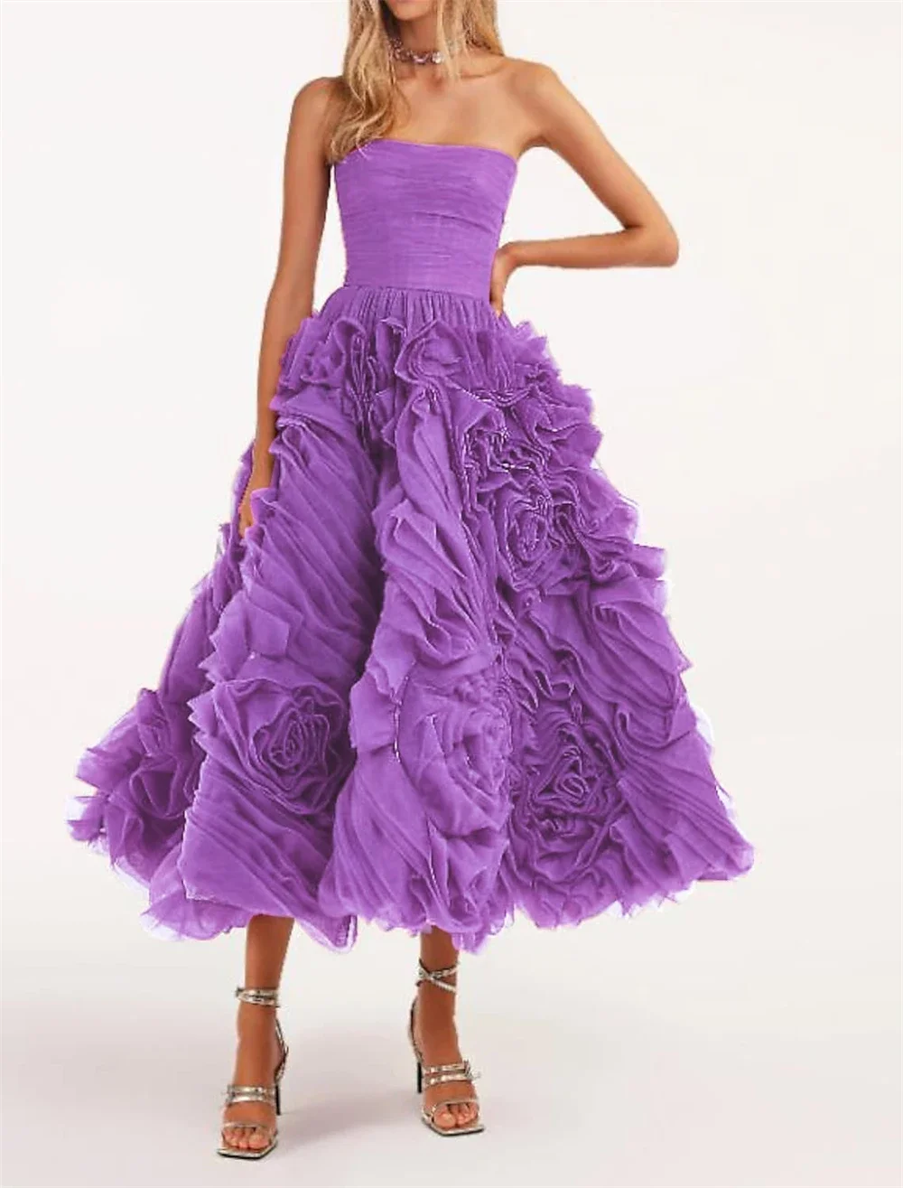 Vestido de fiesta de gasa sin tirantes para mujer, vestido de baile de quinceañera, flores plegables, ocasión de noche, moda