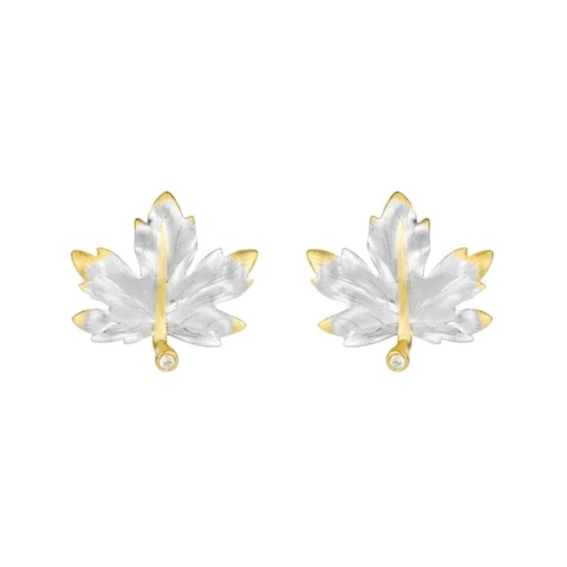 Bellux 925 Sterling Silver Gold Plated Maple Leaf Stud Earrings Synthetic Zircon Nature Inspired Two Tone Leaf Special Earrings