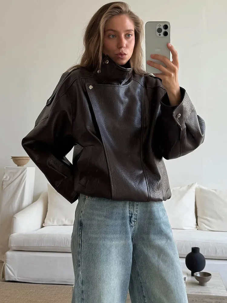 Ladies Black Solid Short Biker Jacket Off Center Zip Mock Neck Shoulder Detail Oversized Moto Outerwear Coat For Evening Party