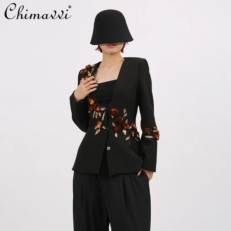 

French Temperament Elegant Commuter Jacket Embroidered Beads Flower Long-sleeved Single-breasted Versatile Black Blazers Women