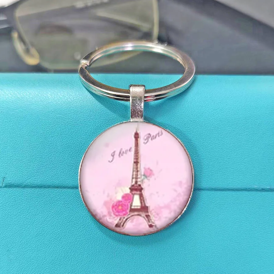 Fashionable Vibrant Dusk Water Reflection Golden Lit Keychain Eiffel Tower Travel Souvenir Glass Key Charm