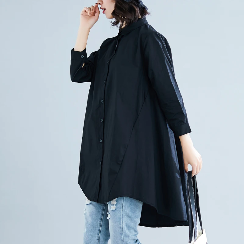 Women White Shirt Loose Version Asymmetrical Long Style Korean Tops Spring and Autumn Black Blouses Femmes