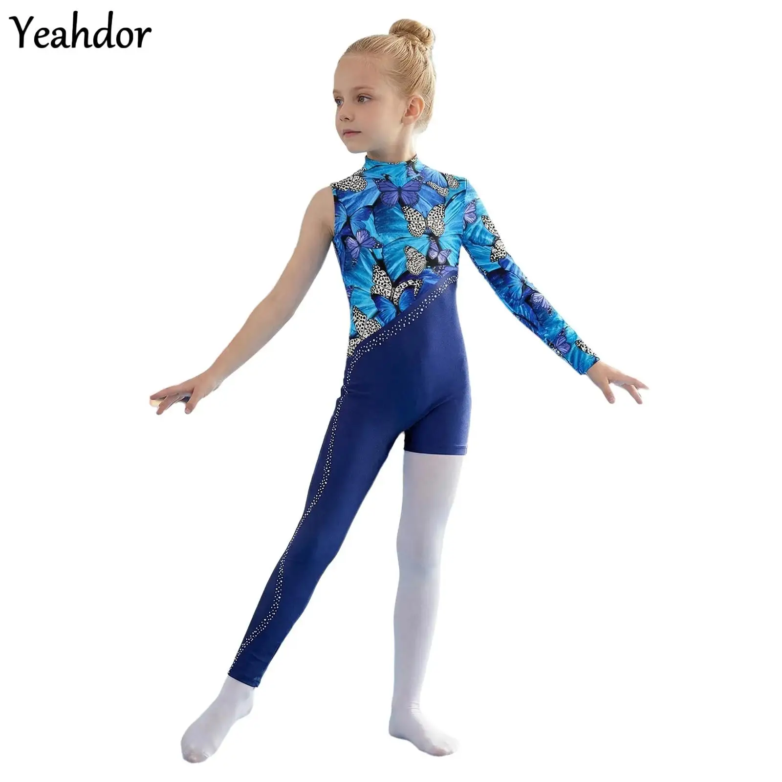 

Girls One Shoulder Long Sleeve Ballet Dance Leotard Rhinestone Gymnastic Jumpsuit Asymmetry Printed Figure Skating Full Bodysuit