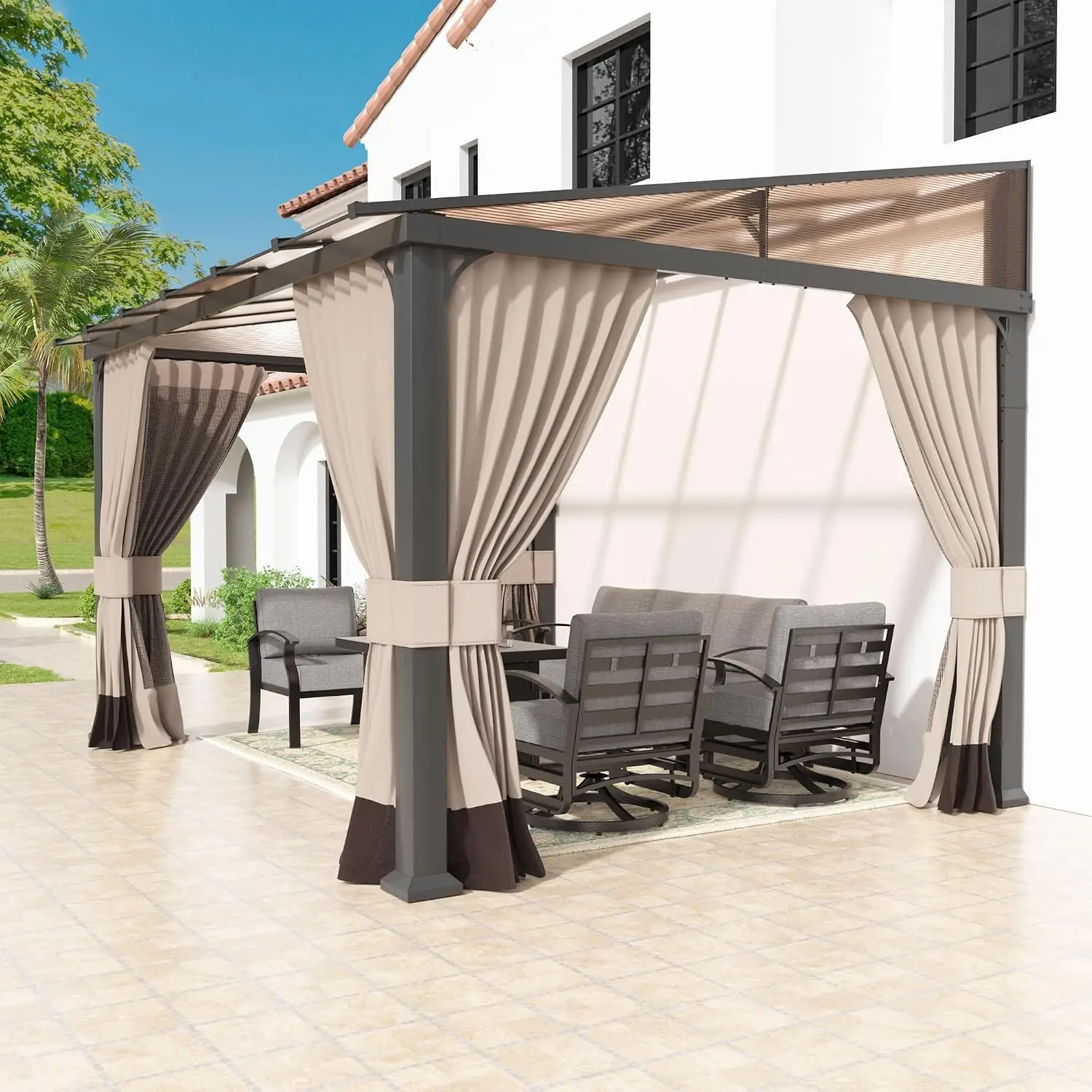 ^10'x12' Hardtop Lean to Gazebo Sand | Outdoor Wall-mounted Pergola with Sloping Roof and Aluminum Frame, Large Heavy Duty