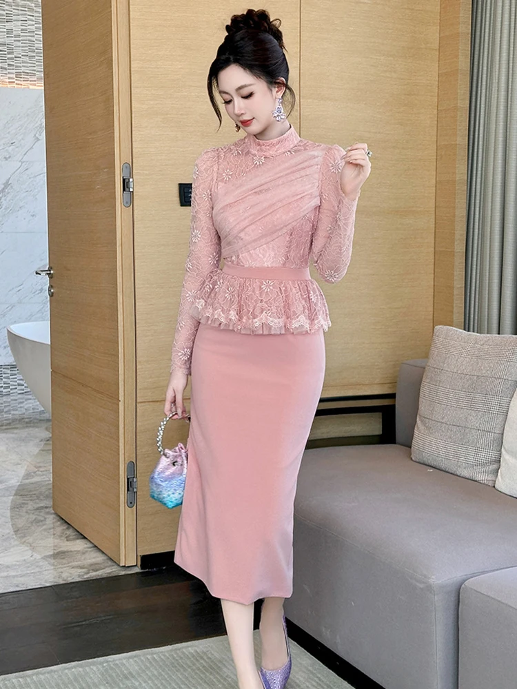 가짜 투피스 여성 프렌치 핑크 레이스 로브 시스루 러플 슬림핏 미디 드레스 우아한 오피스 정장 파티 프롬 데일리웨어 베스티도스