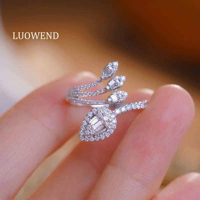 LUOWEND 100% 18K White Gold Rings Fashion Design 0.50carat Real Natural Diamond Engagement Ring for Women High Wedding Jewelry