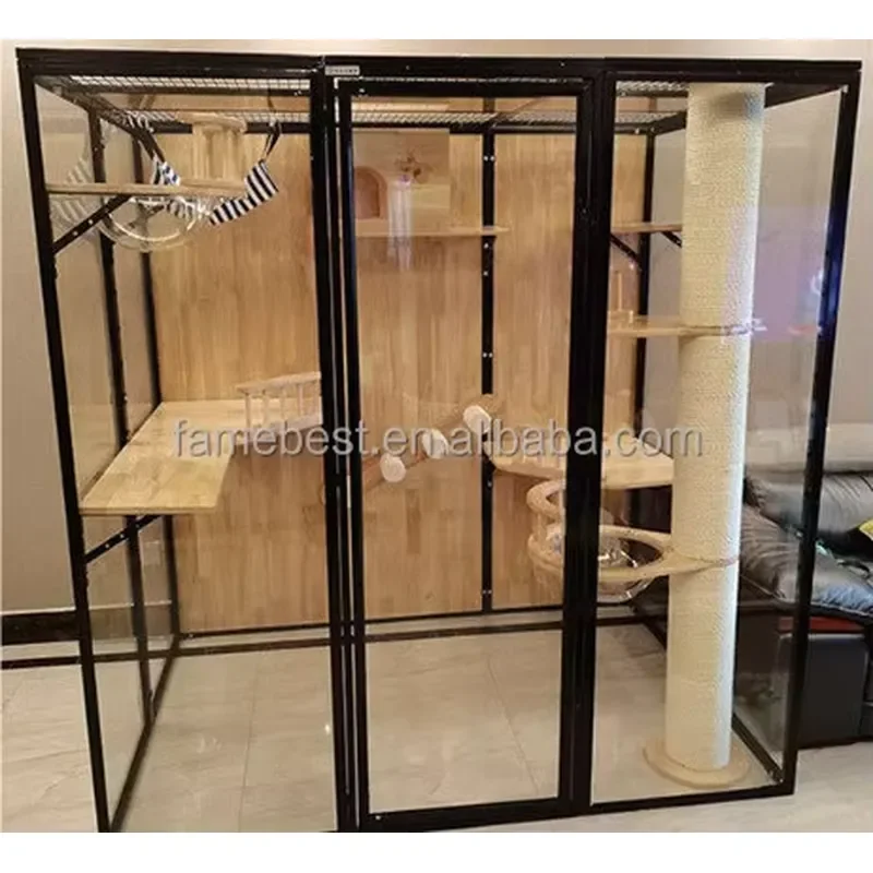 Luxury Solid Wood Cat House Villa Style Pet Bed Cage Nest for Indoor Cats Durable Wooden Furniture Show Quality Home Decor