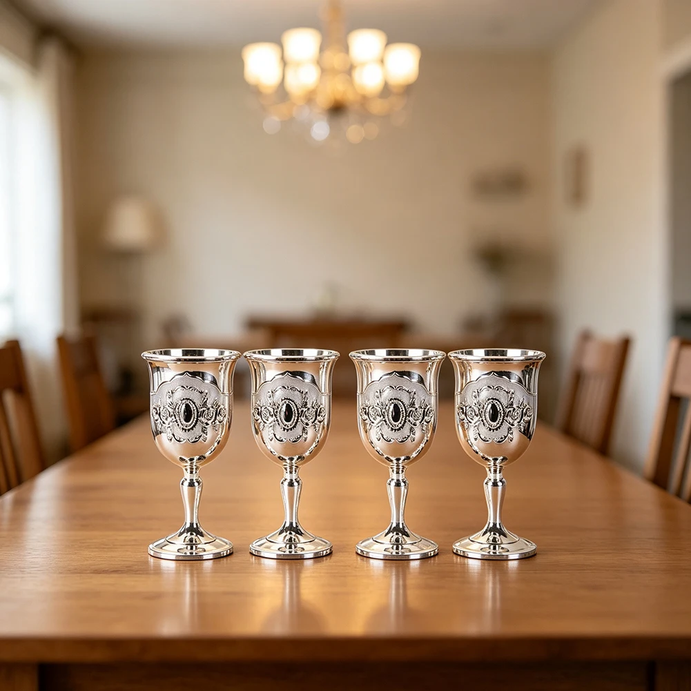 4Pcs Vintage Style Embossed Metal Pedestal Cup Decor Drinkware Banquet Home Festival Party Ornament Elegant Decor High Quality