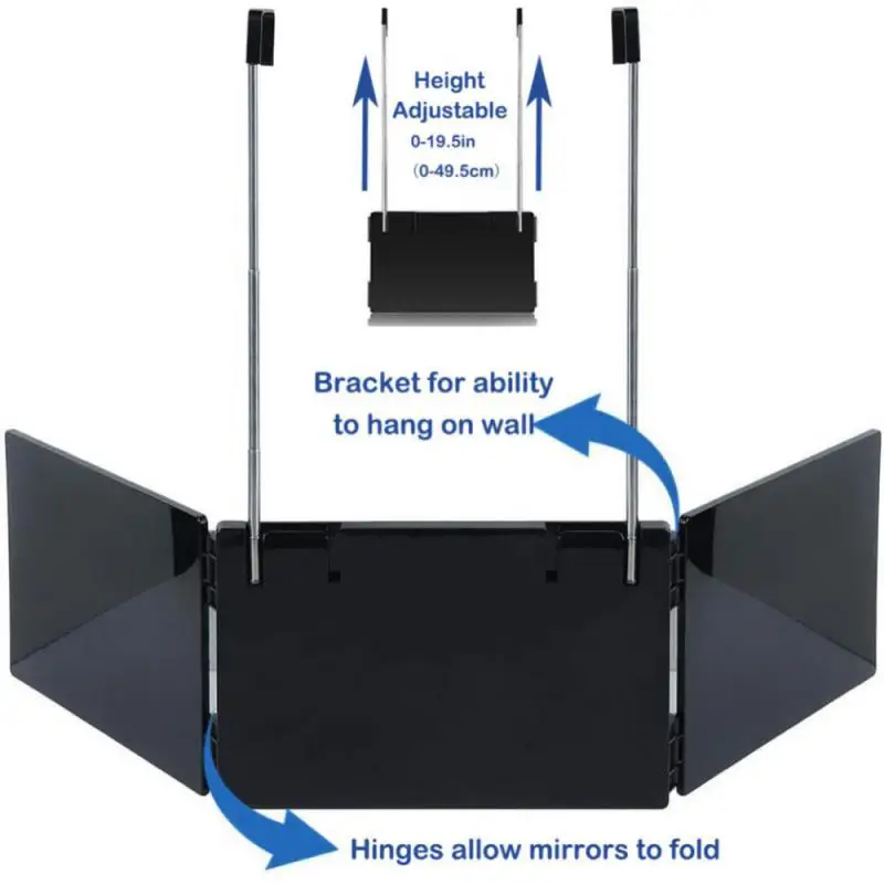 Fordable Schwarzer tragbarer 360-Grad-Dreifachspiegel mit höhenverstellbaren Teleskophaken, ideal zum Selbstschneiden von Make-up