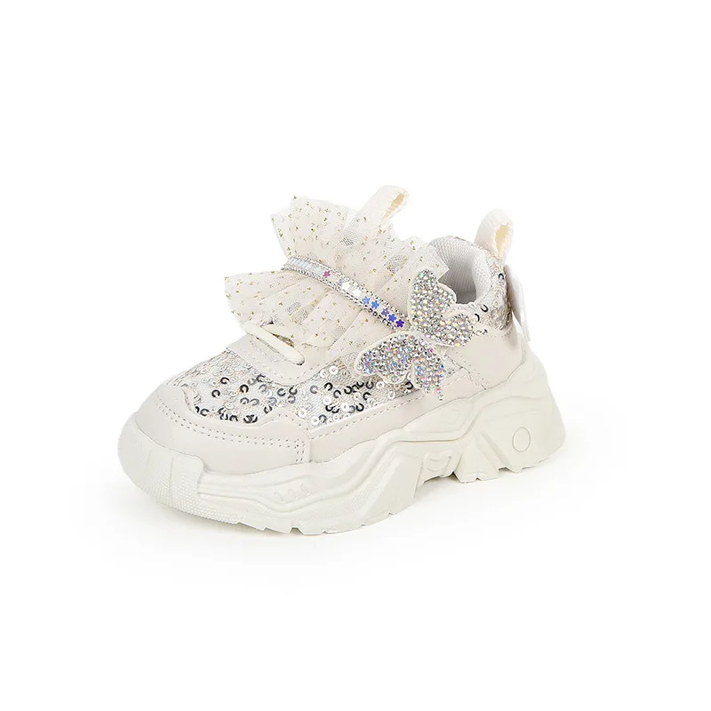 2026 New Spring Autumn Girls Sneakers Crystal Butterfly Lace Non‑Slip Soft Sole Princess Running Shoes