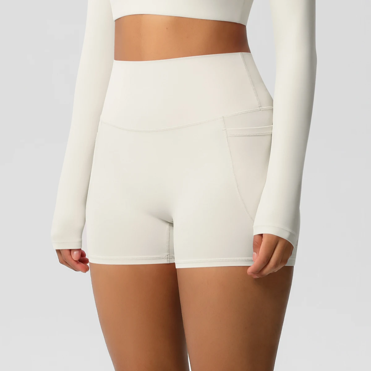 Einfarbige Yogahose mit Taschen, schnell trocknend, hohe Taille, für Fitnessstudio, Push-Up-Yoga-Shorts für Damen, atmungsaktiv, Workout, Fitness, kurz – Detail 23