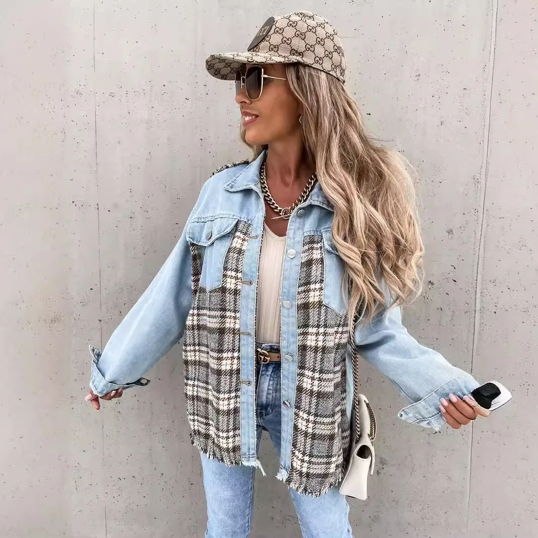 Spring Summer New Denim Stitching Plaid Coat Loose Top Shirt Long Sleeve Shacket Jacket Single Breasted