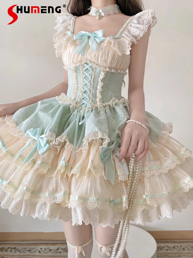 

Sweet Elegant Ballet Princess Birthday Dresses Square Neck Flying Sleeves Lace Splicing Bow High Waist Lolita JSK Dress Women