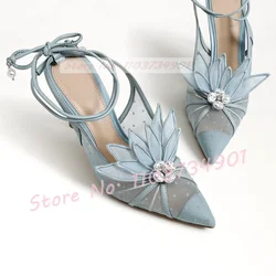 Blue Mesh Flower Luxury Sandals Women Elegant Beige Stiletto High Heels Shoes Ladies Fashion Pearl Lace Up Pointy Toe Sandals