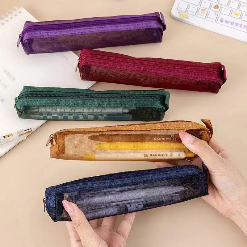 

1/5Pcs Portable Vintage Solid Color Mesh Pencil Case Large Capacity Stationery Storage Pouch Student School Stationery Supplies