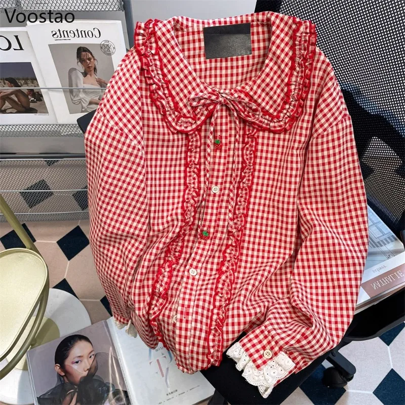 

Japanese Sweet Lolita Shirts Harajuku Women Kawaii Strawberry Buttons Long Sleeve Plaid Blouses Girls Y2k Cute Tops Blusas Mujer
