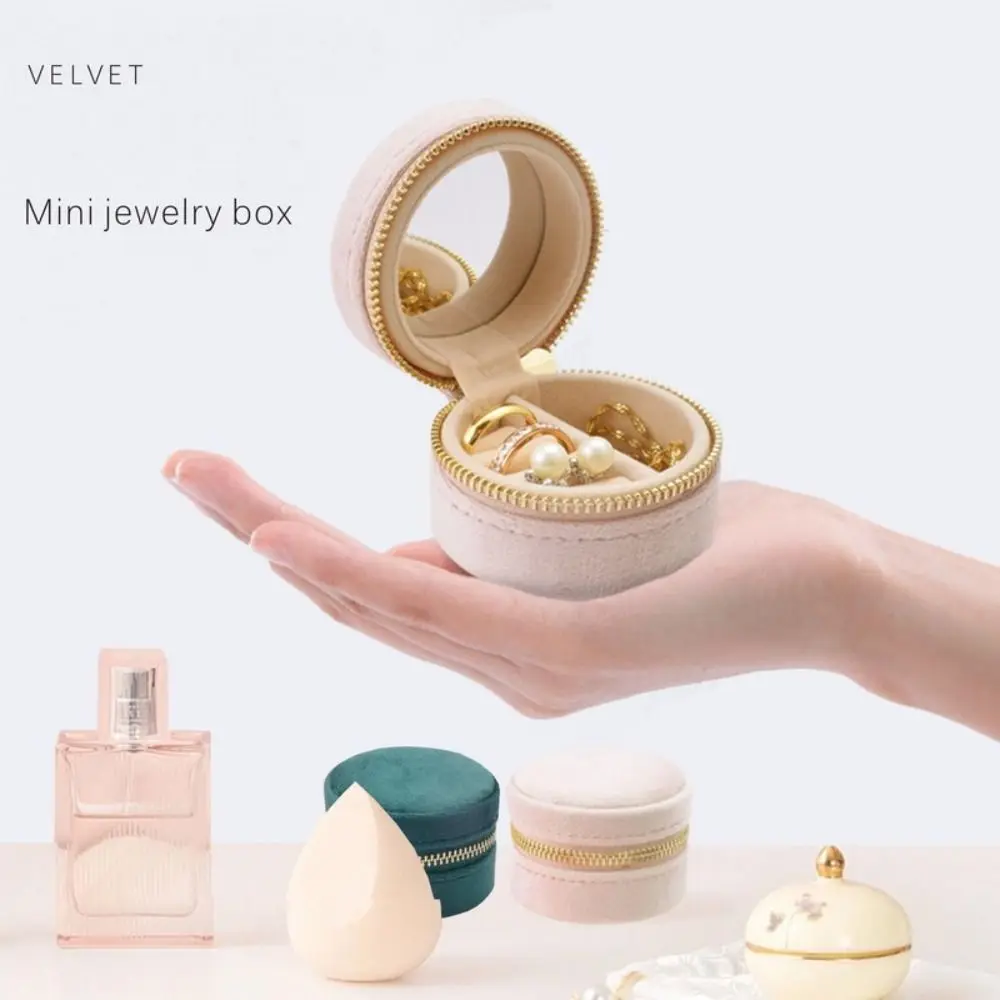 Portable Round Shape Velvet Jewelry Box Mini Zipper Jewelry Case Luxury Dustproof Earrings Rings Bag Women