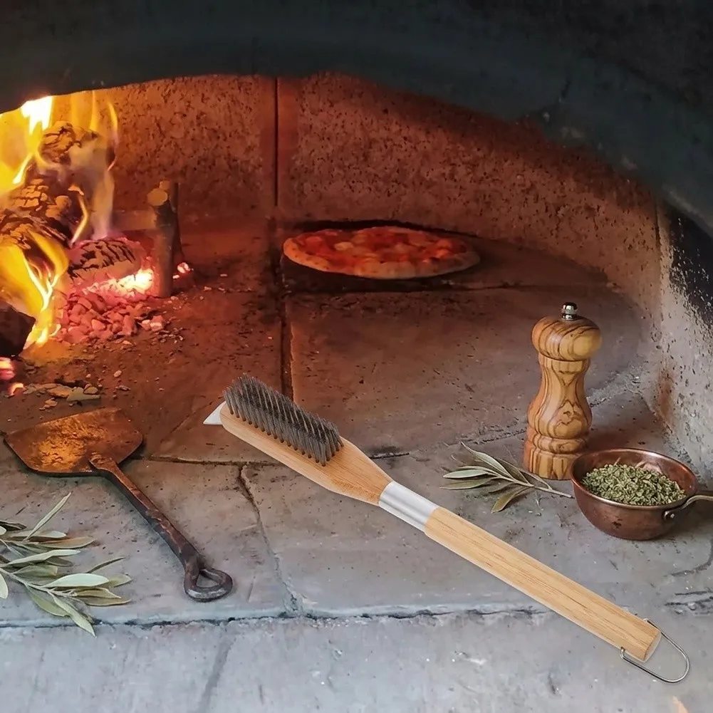 Stainless Steel Brush for Pizza Ovens with 50cm Wooden Handle Compatible with Grills Pizza Stones and Baking Surfaces